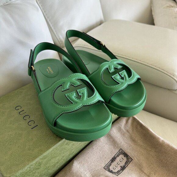 NEW GUCCI WOMENS SANDALS SLINGBACK LOGO GG GREEN SZ 39 - Picture 5 of 7